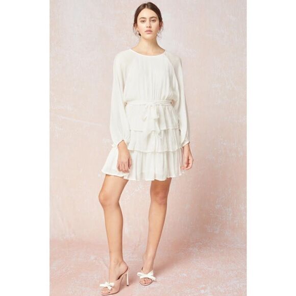 Entro Elizabeth Tiered Ruffle Bubble Sleeve Mini Dress White Medium Boho - Picture 16 of 16